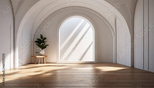 Minimal style empty white arch room interior 3d render  There are wooden floor arch shape window sunlight shine into the room decorated with hidden light on the wall