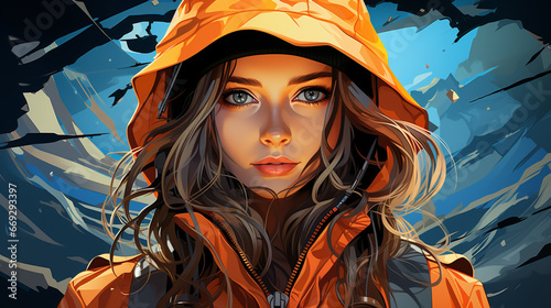 A young woman is looking forward in modern fashion wearing a jacket and hoodie. 2D flat illustration.