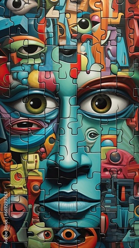 A colourful puzzle with many human faces, in the style of surrealism