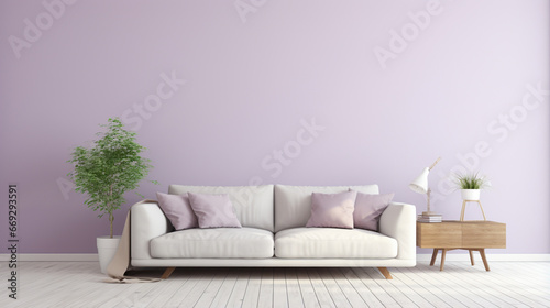 modern living room with pastel lilac wall, leather sofa, and table. stylish Interior. generative ai