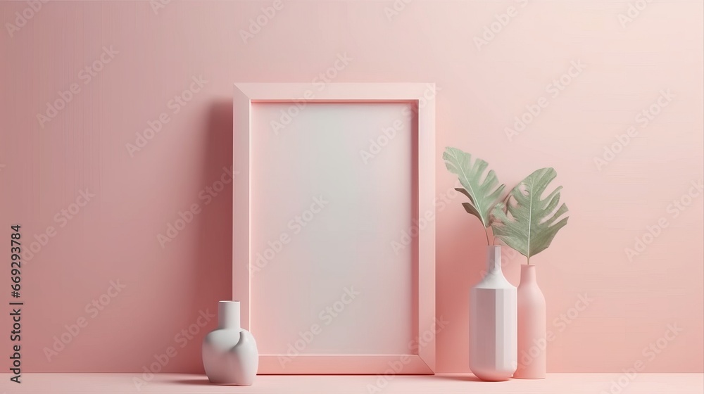 Frame mockup on the wall painted on pink colour. Vertical frame mockup close up on wall painted pastel pink color. Decor concept. Real estate concept.