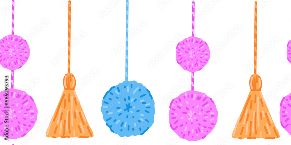 Seamless pattern with fluffy pompon ball hanging on string Seamless pattern with fluffy pompon ball hanging on string