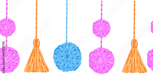Seamless pattern with  fluffy pompon  ball hanging on string