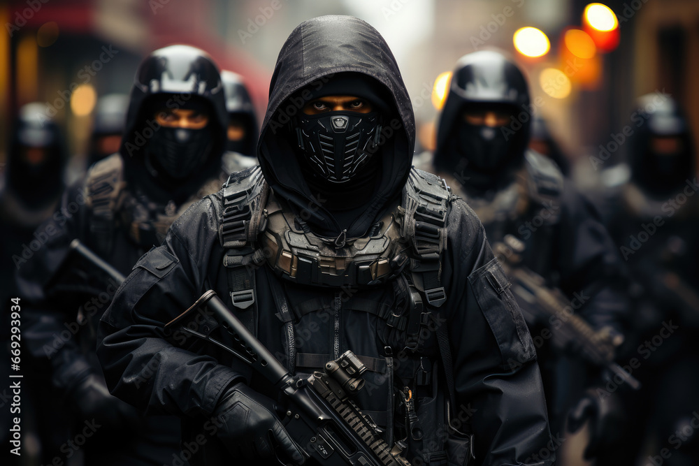 Security forces employing non-lethal methods to maintain peace and protect human rights. Concept of peaceful law enforcement. Generative Ai. Security forces employing non-lethal methods to maintain peace and protect human rights. Concept of peaceful law enforcement. Generative Ai.