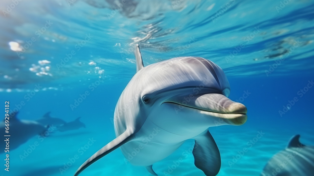 Obraz premium Dolphins swimming in the ocean, marine wildlife, sea creature, protect wildlife, ecology and nature protection, wildlife photography, blue tropical ocean