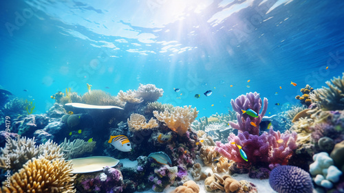 underwater picture of the coral reef, corals and tropical fish, diving, protecting the nature, sea life, global warming, environment, ecology, protecting the sea, multicolored coral, rainbow © GrafitiRex