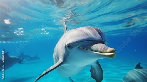 Dolphins swimming in the ocean, marine wildlife, sea creature, protect wildlife, ecology and nature protection, wildlife photography, blue tropical ocean © GrafitiRex