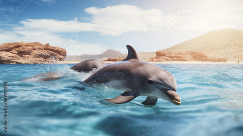 Dolphins swimming in the ocean, two happy dolphins jumping, marine wildlife, sea creature, protect wildlife, ecology and nature protection, wildlife photography