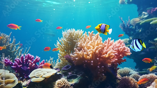 underwater picture of the coral reef and tropical fish, diving, protecting the nature, sea life, global warming, environment, ecology, protecting the sea, multicolored coral, rainbow