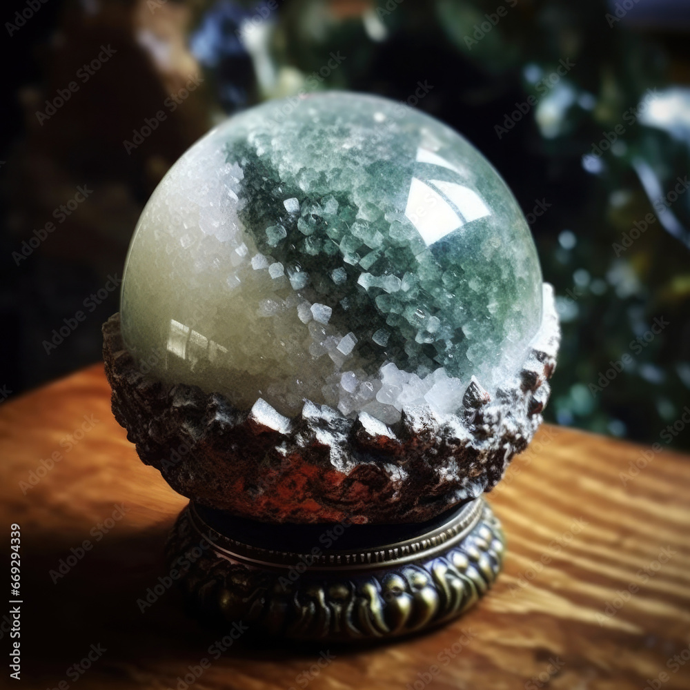 Moss agate sphere on a stand. Gemstones and crystals shop concept. Moss agate sphere on a stand. Gemstones and crystals shop concept.
