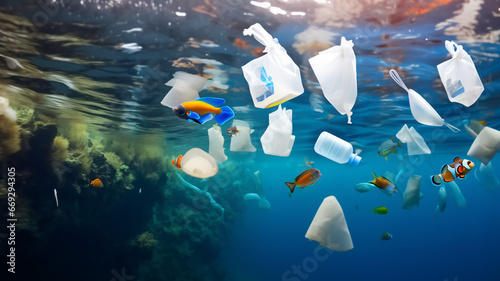 Fish swimming in a polluted sea, pollution, plastic waste in the ocean, environmental protection, saving wildlife, human waste in nature, ecology, protect the oceans