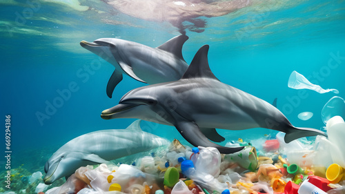 Dolphins swiming in a polluted  ocean, plastic waste, marine life protection, trash, micro plastics, human impact on  the environment, ocean pollution, human waste at sea, ecology, protecting wildlife