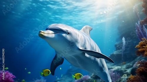 Dolphins swimming in the ocean with tropical fish, coral reef, marine wildlife, sea creature, protect wildlife, ecology and nature protection, wild animal photography