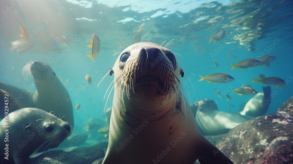 Seal in the ocean, fishes, sea lions, aquatic wildlife, animals swimming in the sea, wildlife photography, coral reef, ecology, protect the environment Seal in the ocean, fishes, sea lions, aquatic wildlife, animals swimming in the sea, wildlife photography, coral reef, ecology, protect the environment