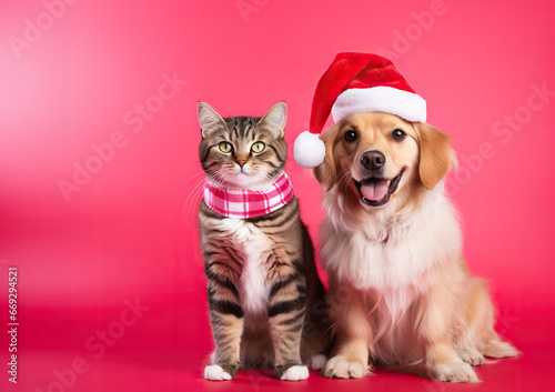 Joyful dog in a Santa hat and cat posed on a pink backdrop.
