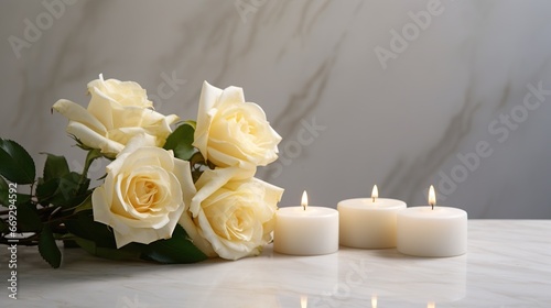Serene arrangement of white roses and lit candles, setting a romantic ambiance.