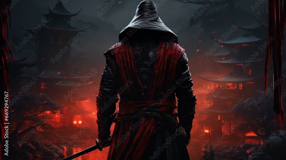 Epic samurai wallpaper from behind looking slightly to the right, face covered in the hood - obrazy, fototapety, plakaty 