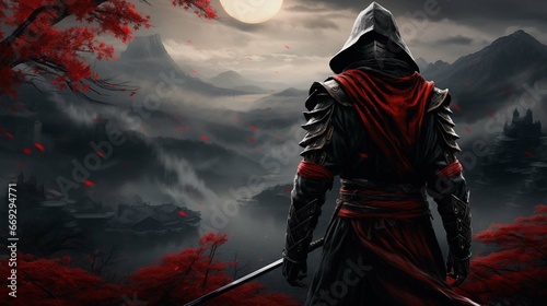 Epic samurai wallpaper from behind looking slightly to the right, face covered in the hood