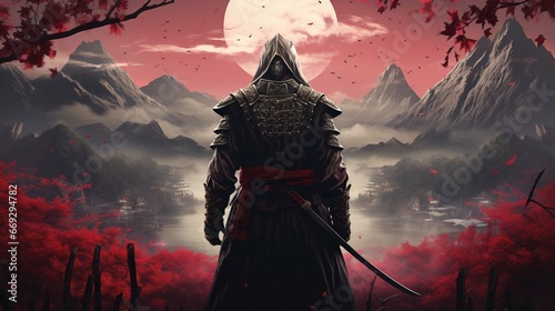 Epic samurai wallpaper from behind looking slightly to the right, face covered in the hood photo