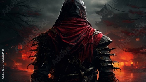 Epic samurai wallpaper from behind looking slightly to the right, face covered in the hood