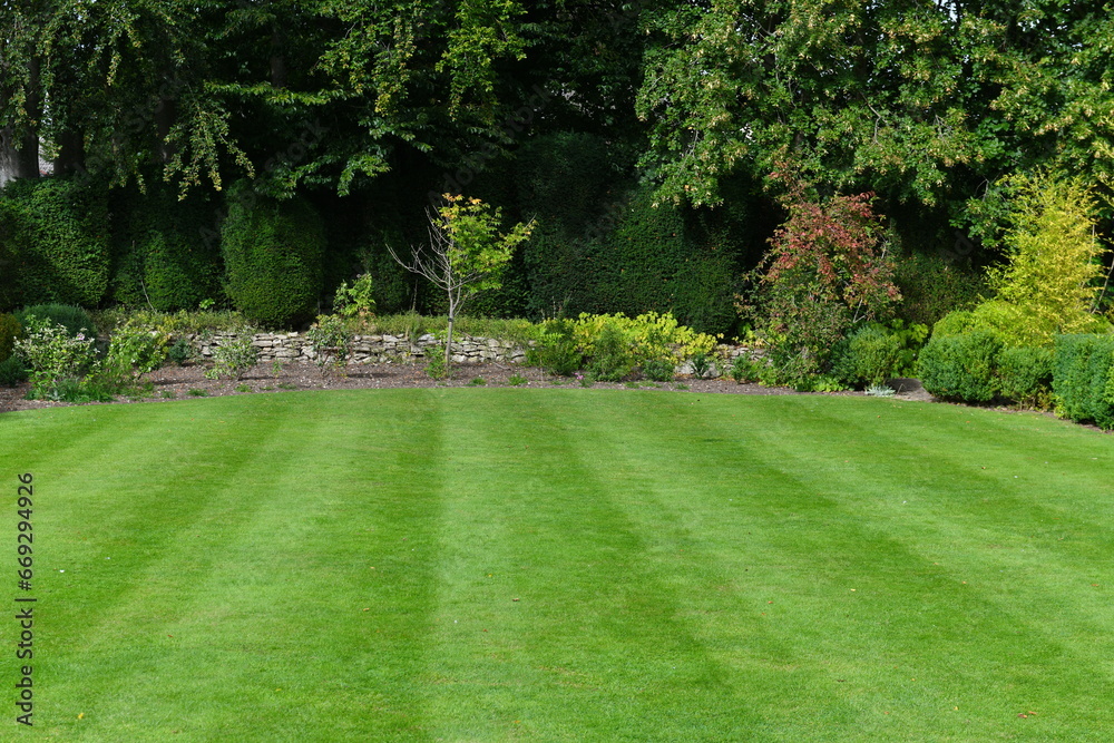 Beautiful garden with a freshly mowed grass lawn - obrazy, fototapety, plakaty 