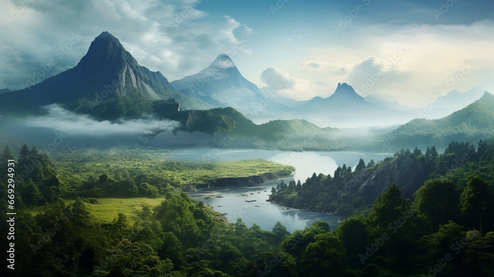 panorama of Indonesian natural mountains in the morning, generative ai