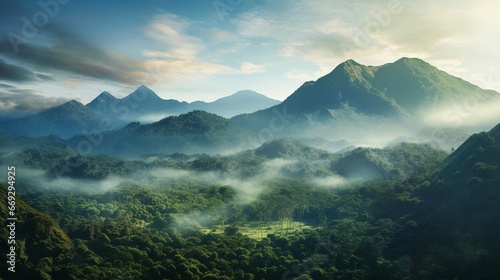 panorama of Indonesian natural mountains in the morning, generative ai