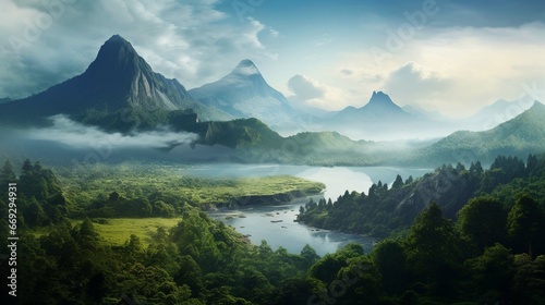 panorama of Indonesian natural mountains in the morning, generative ai