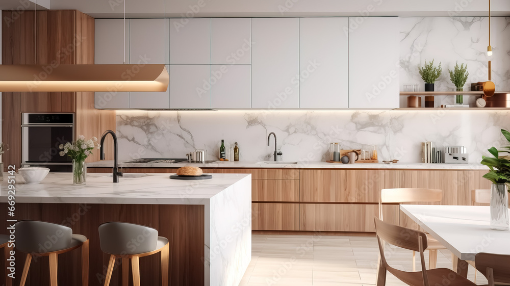 Beautiful modern kitchen with white marble countertops, Generative AI
