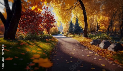 Beautiful autumn landscape with. Colorful foliage in the park. Generative AI © lali