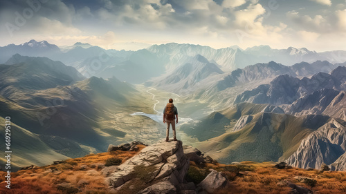 Hiker man standing on the edge of a cliff, with sweeping view of mountain range and valley below. Generative AI