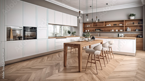 Beautiful Luxury Kitchen Interior in white with wooden floor and kitchen island  Generative AI
