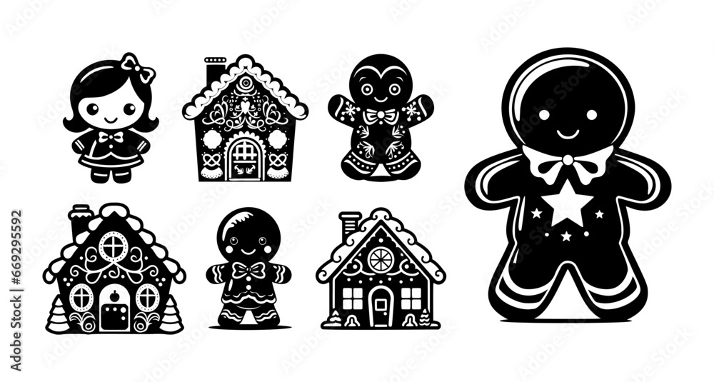 Gingerbread man and house silhouette set. Christmas Cookie collection. Simple black graphic. Vector illustration on white isolated background.