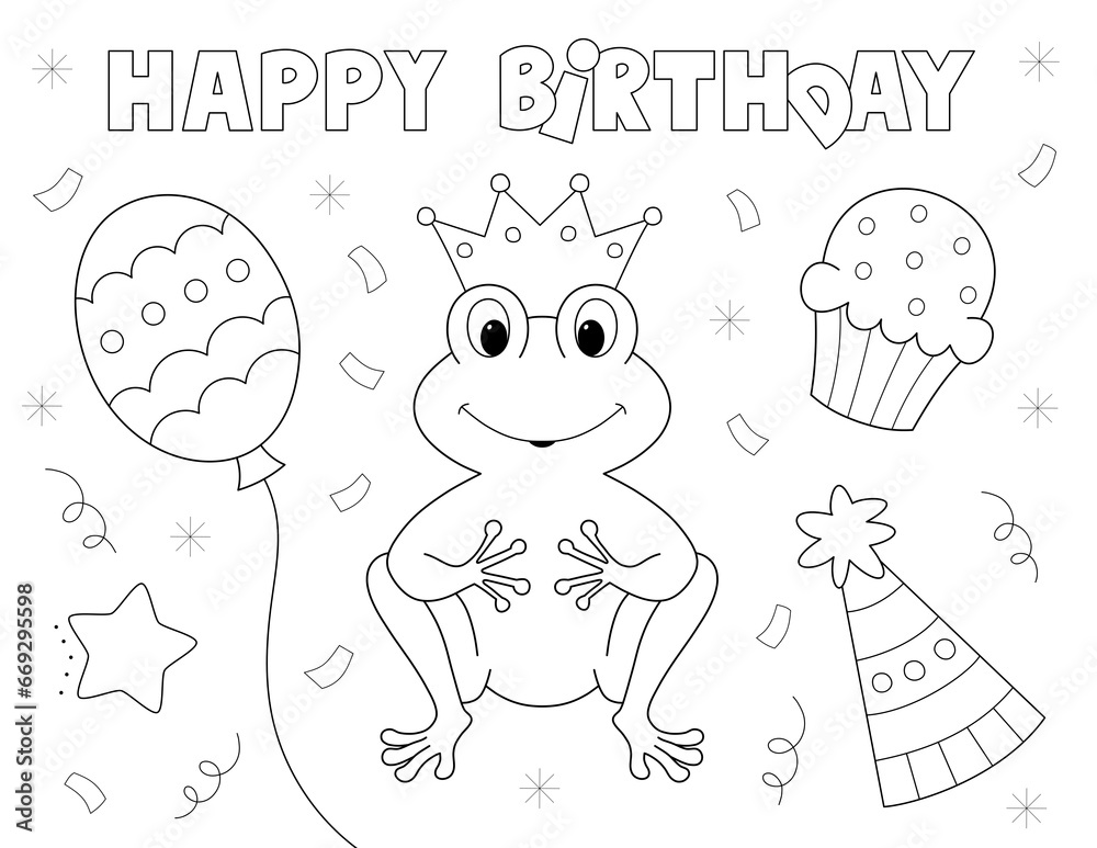 happy birthday frog princess coloring page for kids. you can print it on standard 8.5x11 inch paper