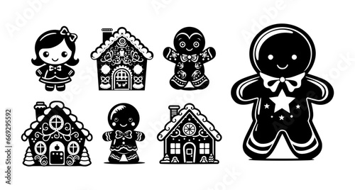 Gingerbread man and house silhouette set. Christmas Cookie collection. Simple black graphic. Vector illustration on white isolated background.