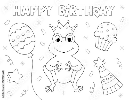 happy birthday frog princess coloring page for kids. you can print it on standard 8.5x11 inch paper