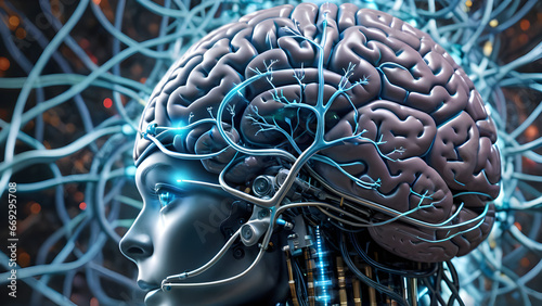 A ilustração mostra um cérebro humano conectado a uma rede neural artificial photo