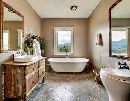 Country style bathroom interior with vanity  white sink  bathtub  pavement floor and beige walls