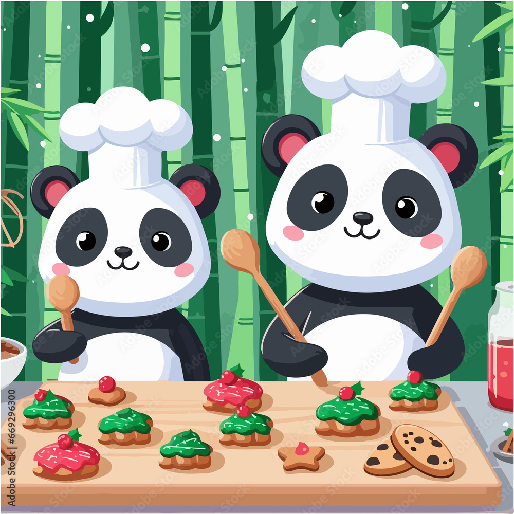 Naklejka premium Pandas baking panda-shaped cookies