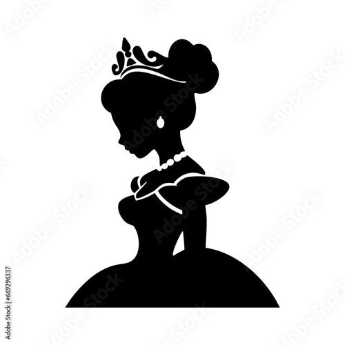 Princess girl silhouette. Simple black graphic. Cartoon style. Vector illustration on a white isolated background