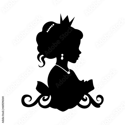Princess girl silhouette. Simple black graphic. Cartoon style. Vector illustration on a white isolated background