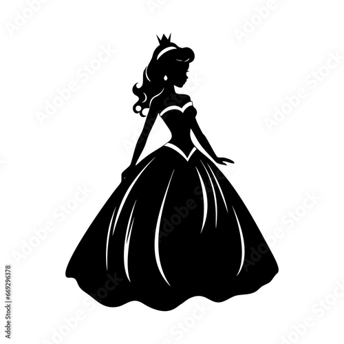Princess girl silhouette. Simple black graphic. Cartoon style. Vector illustration on a white isolated background