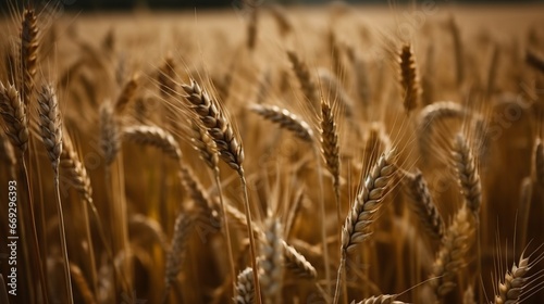 Ripe ear of wheat in cultivated field. Close up of wheat ears  field of wheat in a summer day. Harvesting period. Harvest concept. Agriculture concept.