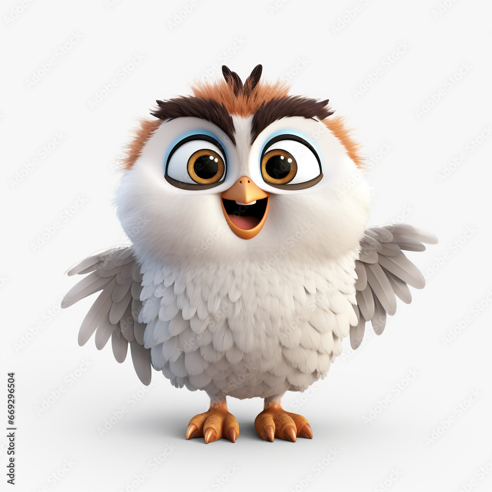 3D cartoon illustration of an owl with a happy face. Isolated on solid background.