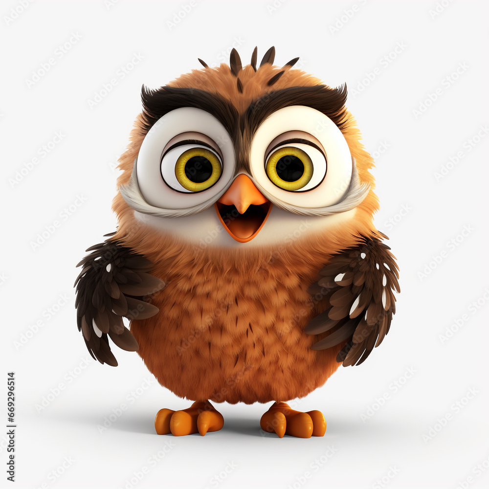 Obraz premium 3D cartoon illustration of an owl with a happy face. Isolated on solid background.