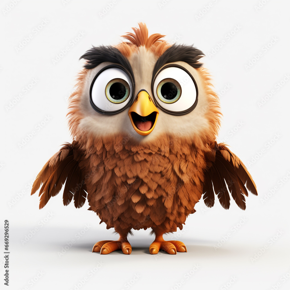 Fototapeta premium 3D cartoon illustration of an owl with a happy face. Isolated on solid background.