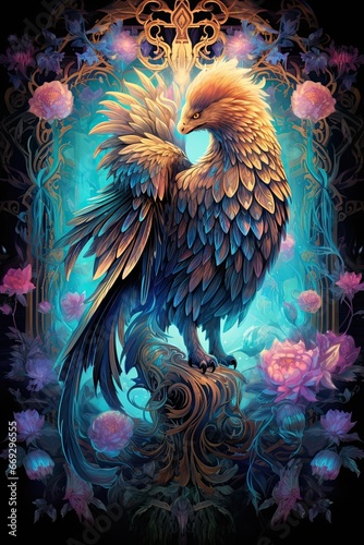 A majestic griffin, with gleaming golden feathers perches atop a blooming trellis