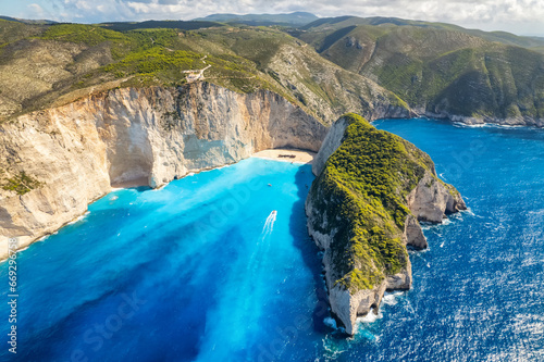 Aerial view of the Navagio beach with the famous wrecked ship in Zante, Greece.