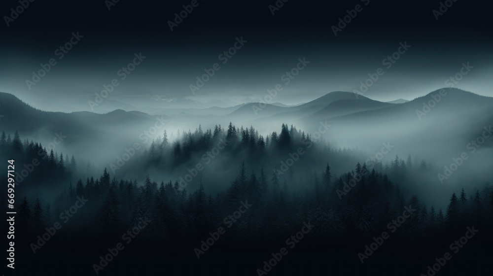 Dark foggy background, misty forest with mountains, monochrome backgrounds