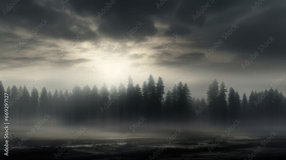 Dark foggy background, misty forest with mountains in the morning sunlight, monochrome backgrounds Dark foggy background, misty forest with mountains in the morning sunlight, monochrome backgrounds